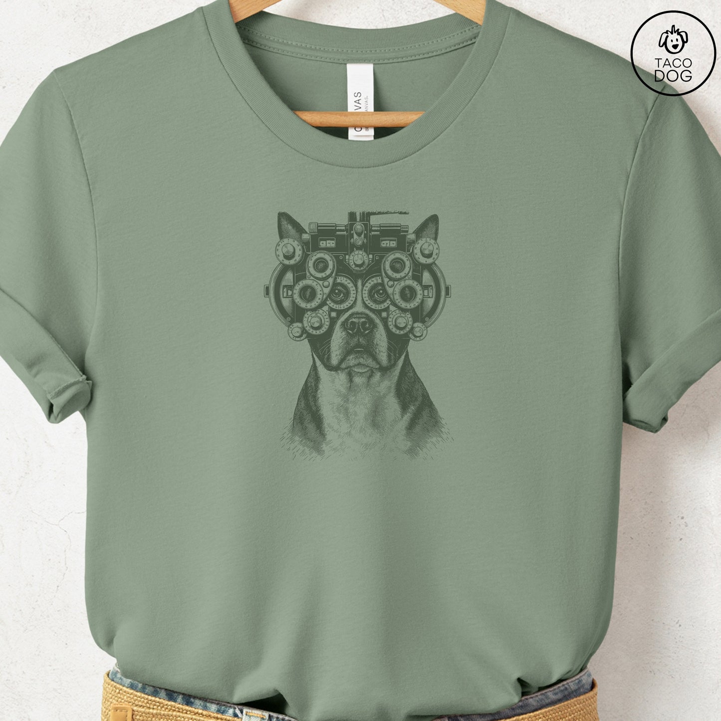 Boston Terrier Optometrist T-Shirt Sage Taco-Dog