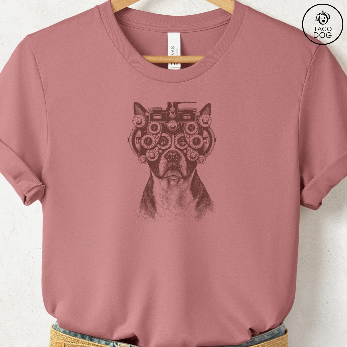 Boston Terrier Optometrist T-Shirt Heather Mauve Taco-Dog