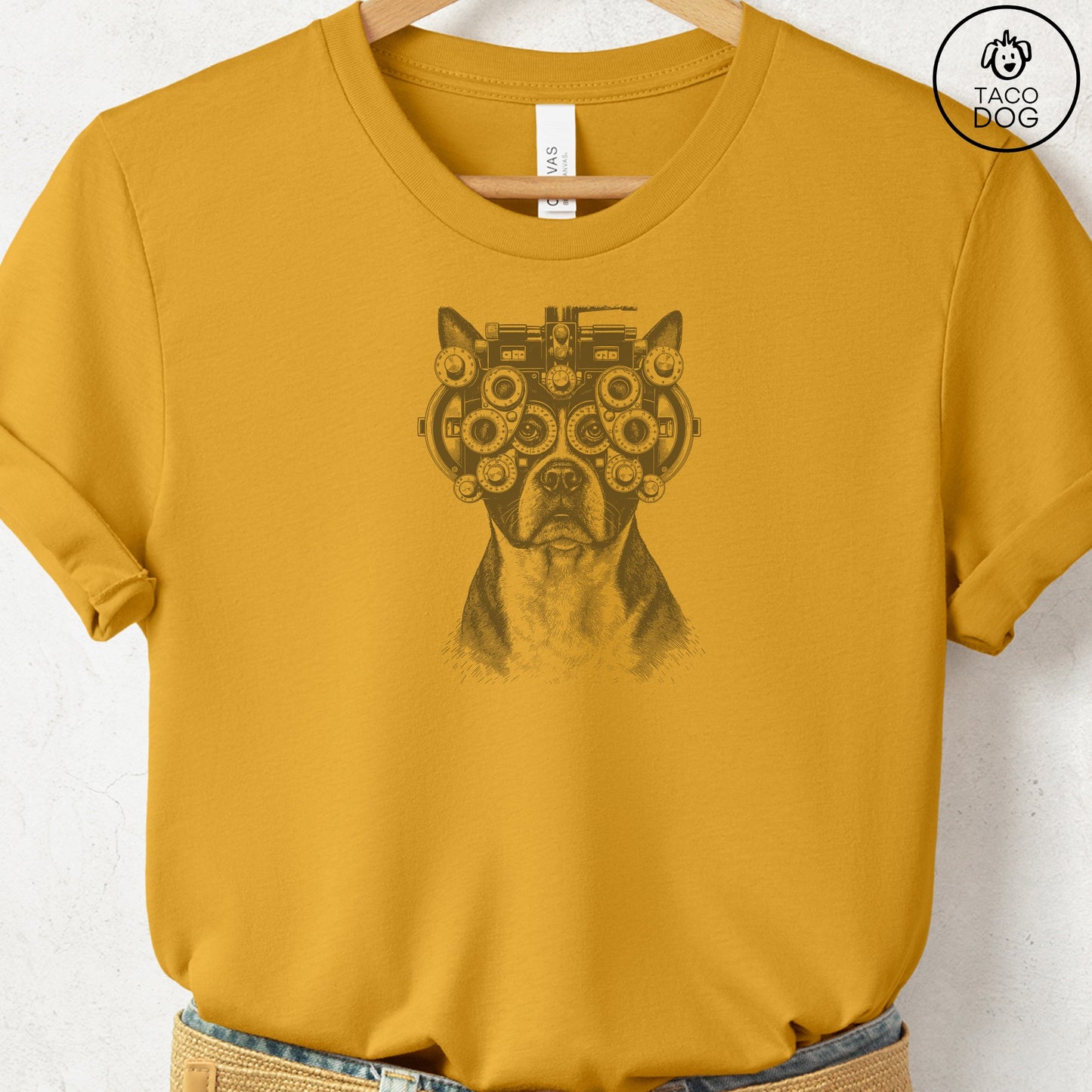 Boston Terrier Optometrist T-Shirt Mustard Taco-Dog