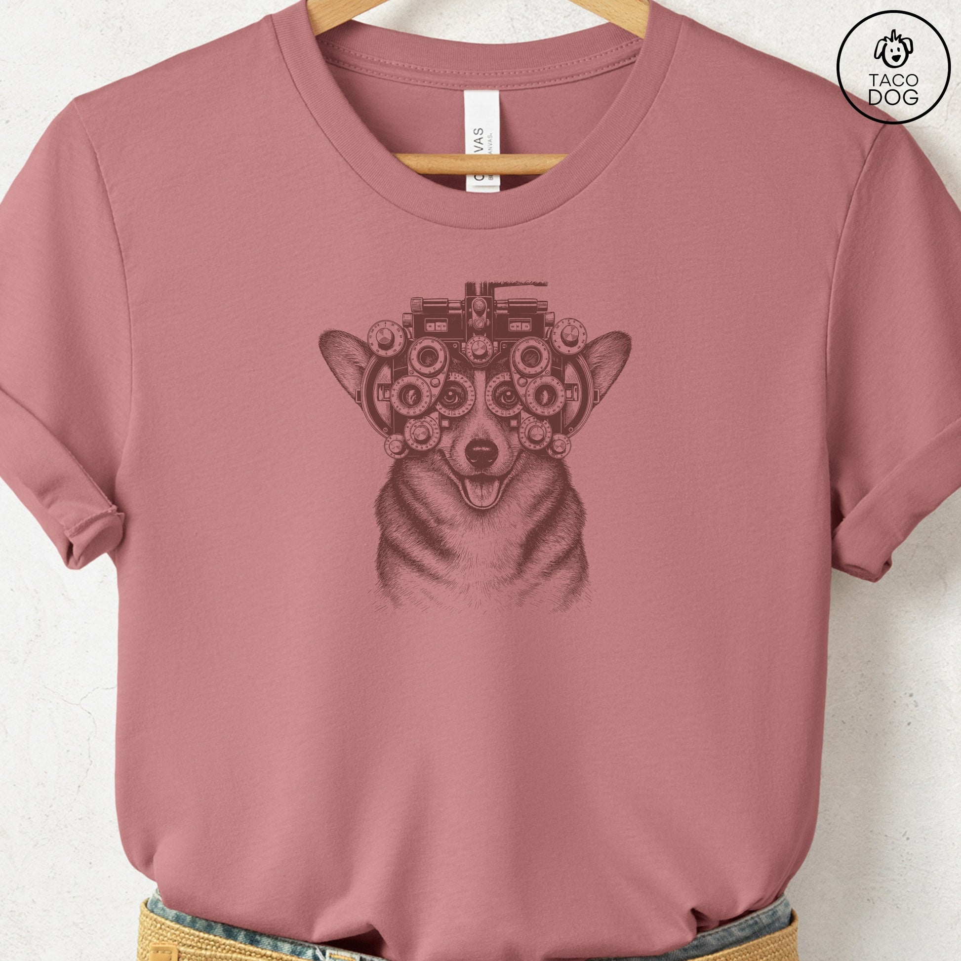 Corgi Optometrist T-Shirt Heather Mauve Taco-Dog