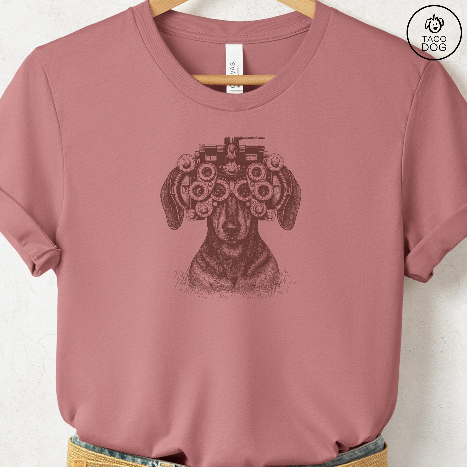Dachshund Optometrist T-Shirt Heather Mauve Taco-Dog