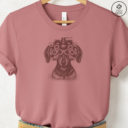 Dachshund Optometrist T-Shirt Heather Mauve Taco-Dog