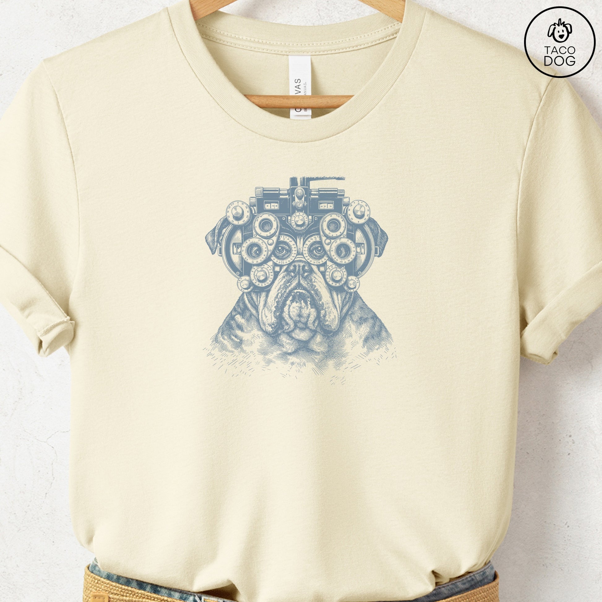 English Bulldog Optometrist T-Shirt Natural Taco-Dog