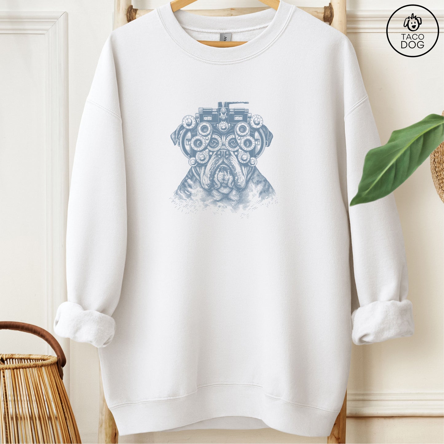 English Bulldog Optometrist Sweatshirt White Taco-Dog