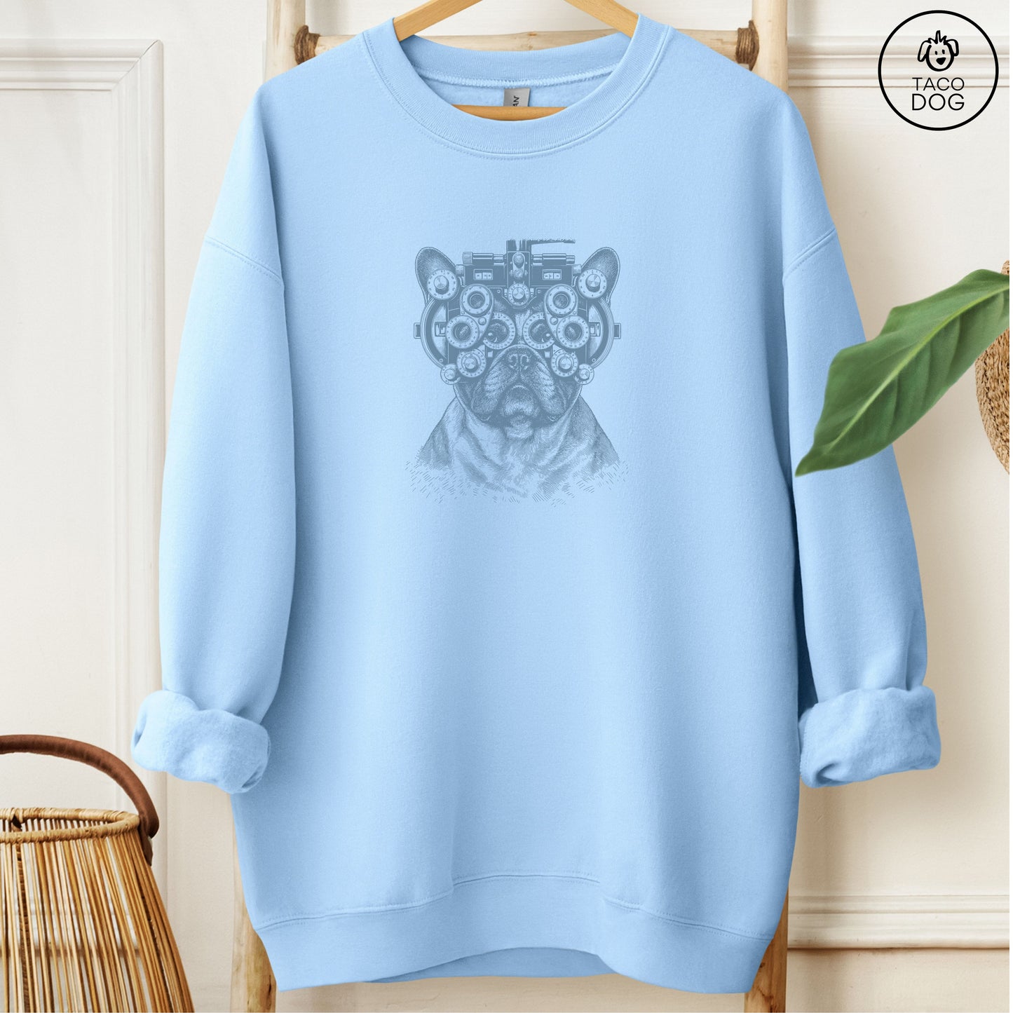 French Bulldog Frenchie Optometrist Sweatshirt Light Blue Taco-Dog