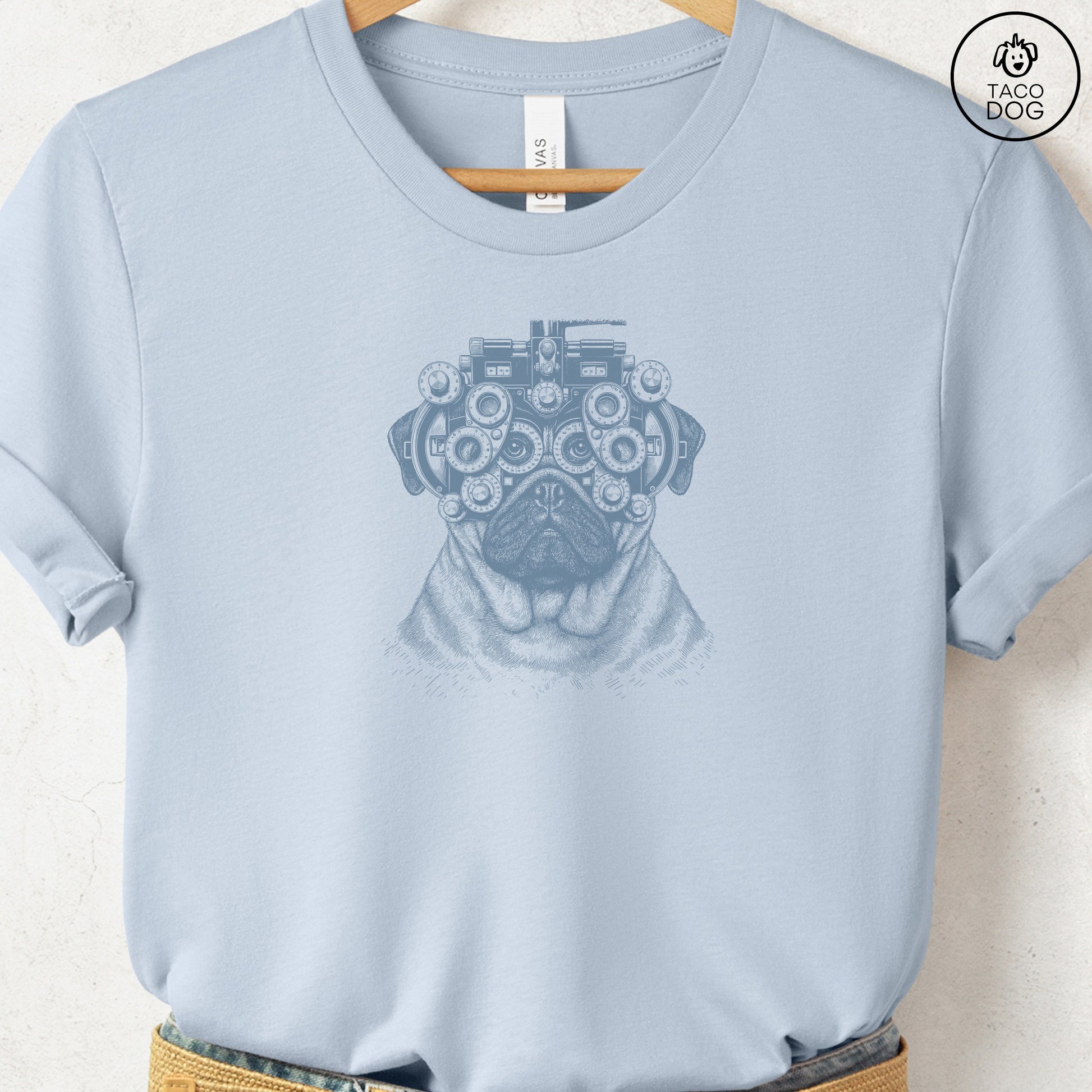 Pug Optometrist T-Shirt Light Blue Taco-Dog