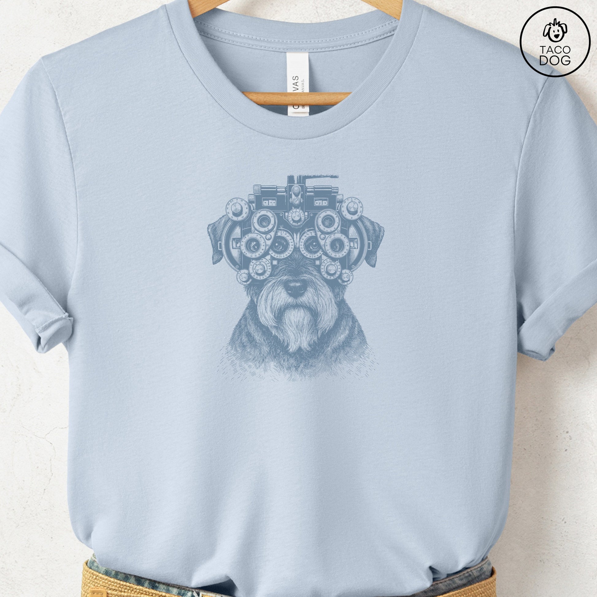 Schnauzer Optometrist T-Shirt Light Blue Taco-Dog