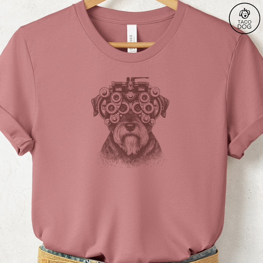 Schnauzer Optometrist T-Shirt Heather Mauve Taco-Dog