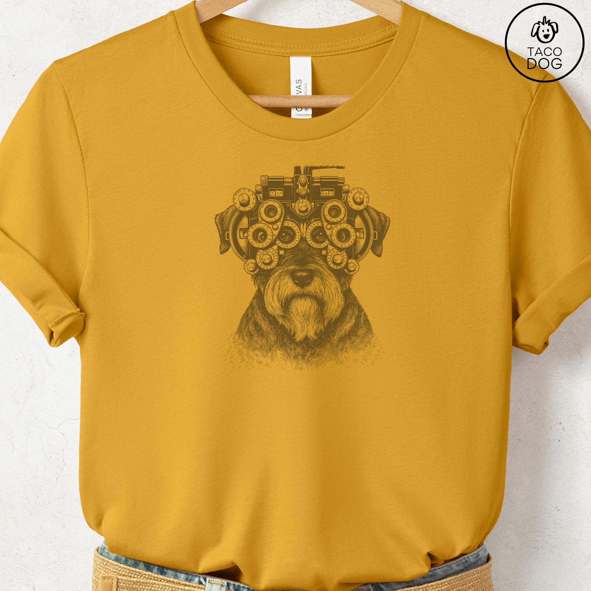 Schnauzer Optometrist T-Shirt Mustard Taco-Dog