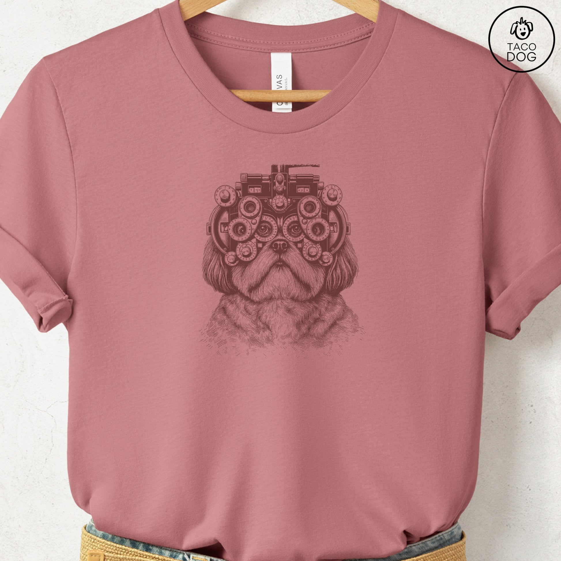 Shih Tzu Optometrist T-Shirt Heather Mauve Taco-Dog