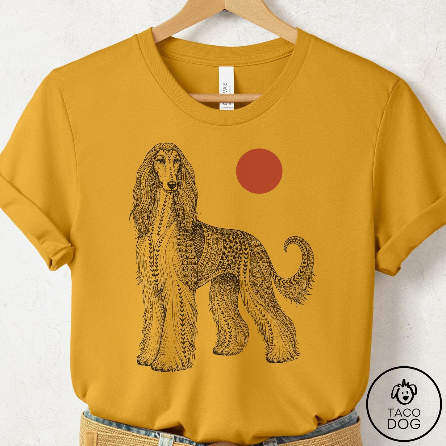 Afghan Hound Ornamental T-Shirt Mustard Taco-Dog