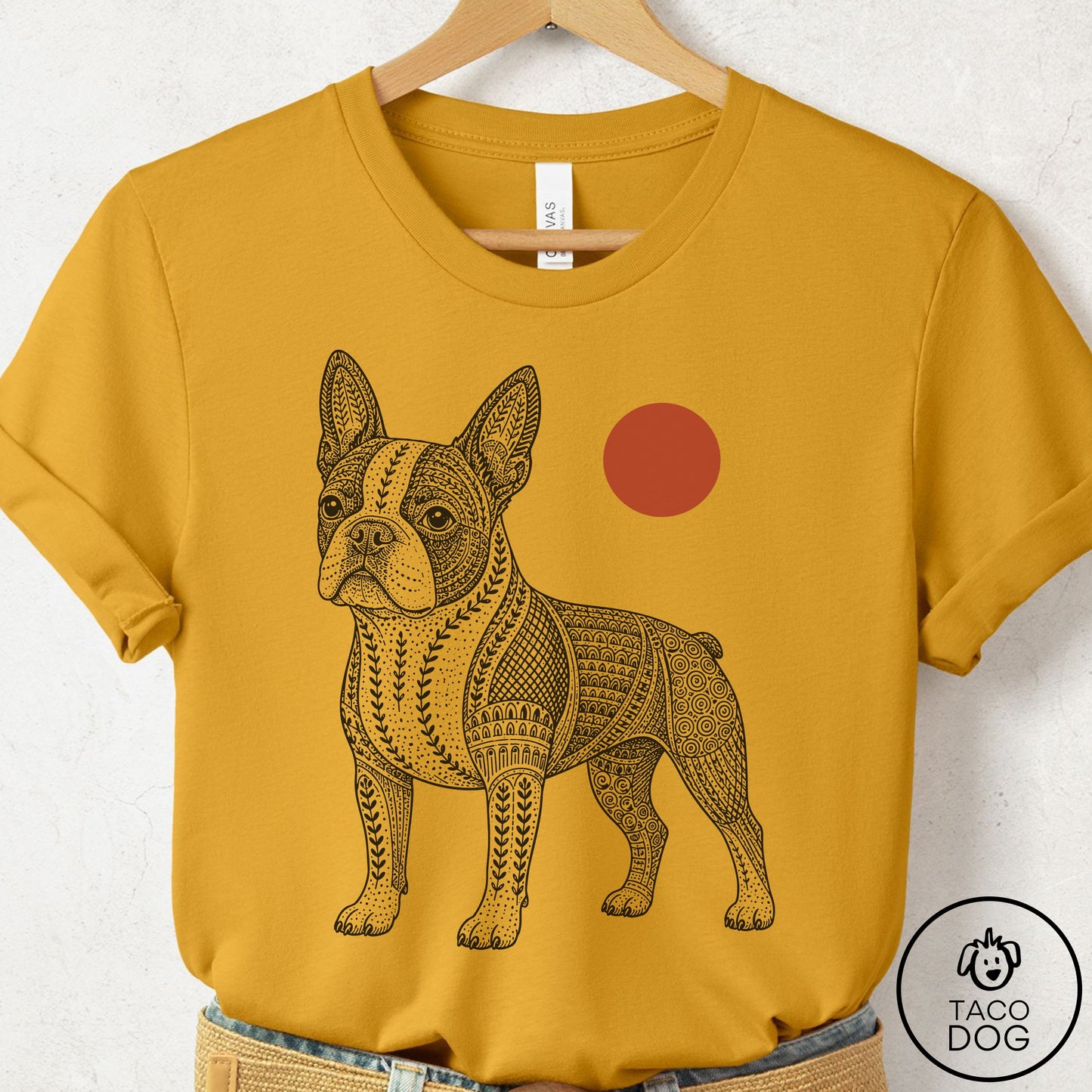Boston Terrier Ornamental T-Shirt Mustard Taco-Dog