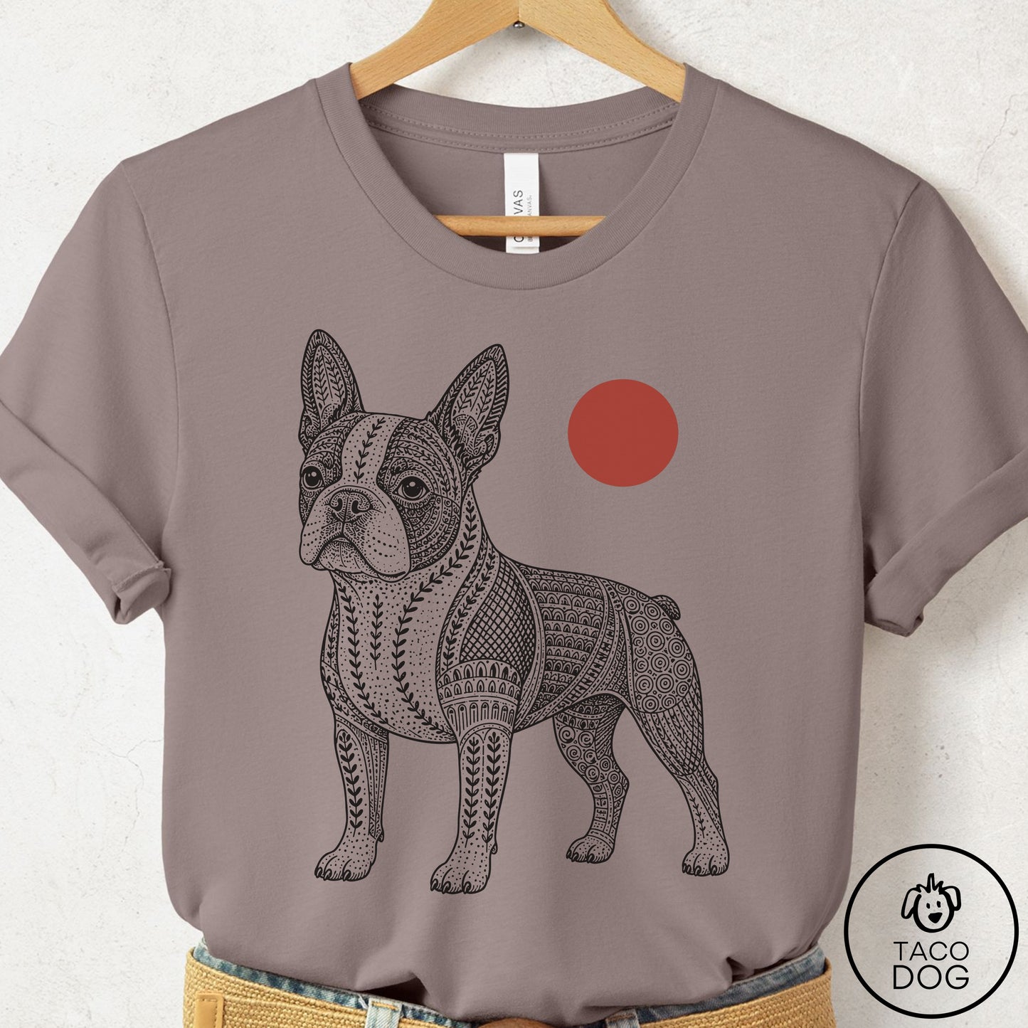 Boston Terrier Ornamental T-Shirt Pebble Brown Taco-Dog