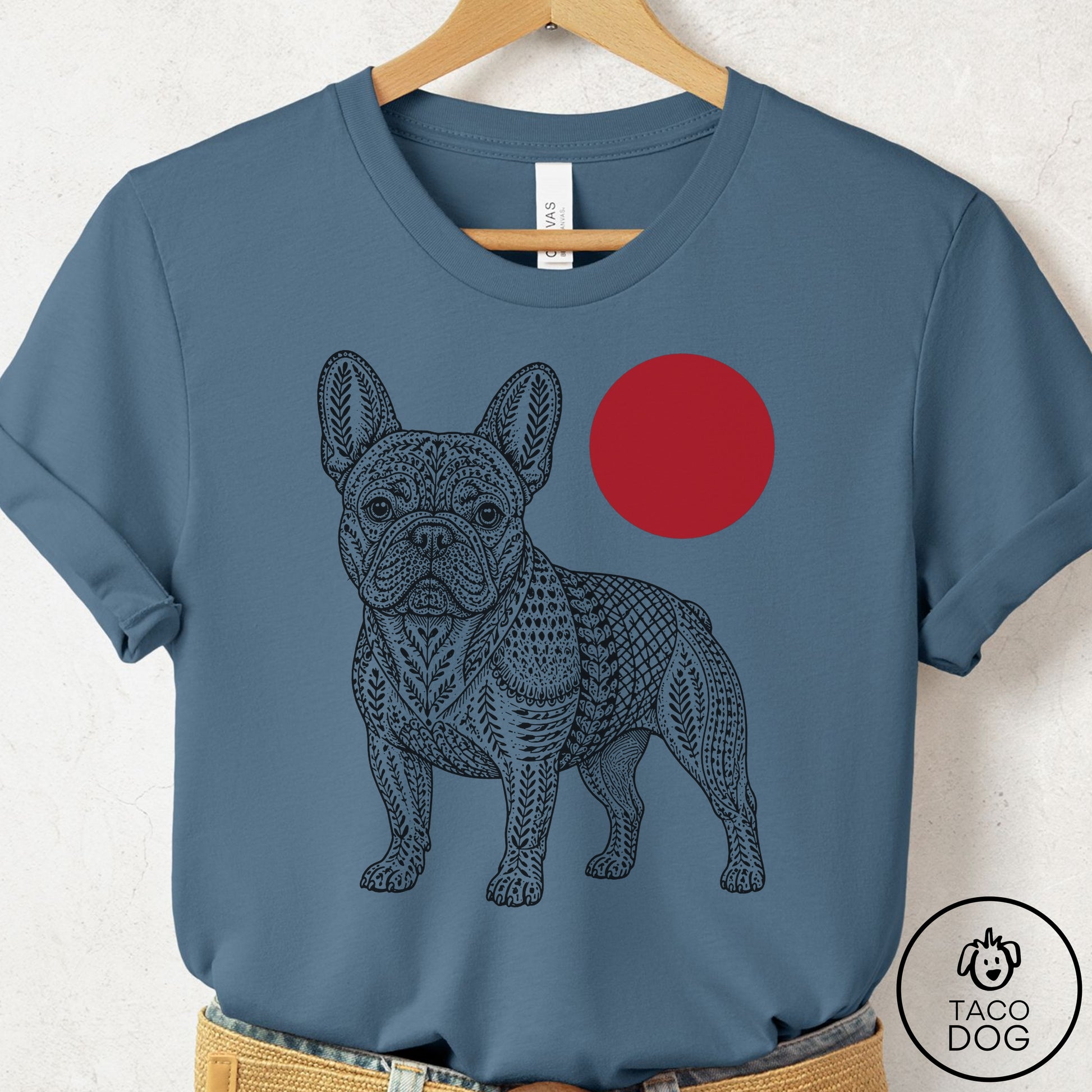 French Bulldog Frenchie Ornamental T-Shirt Steel Blue Taco-Dog