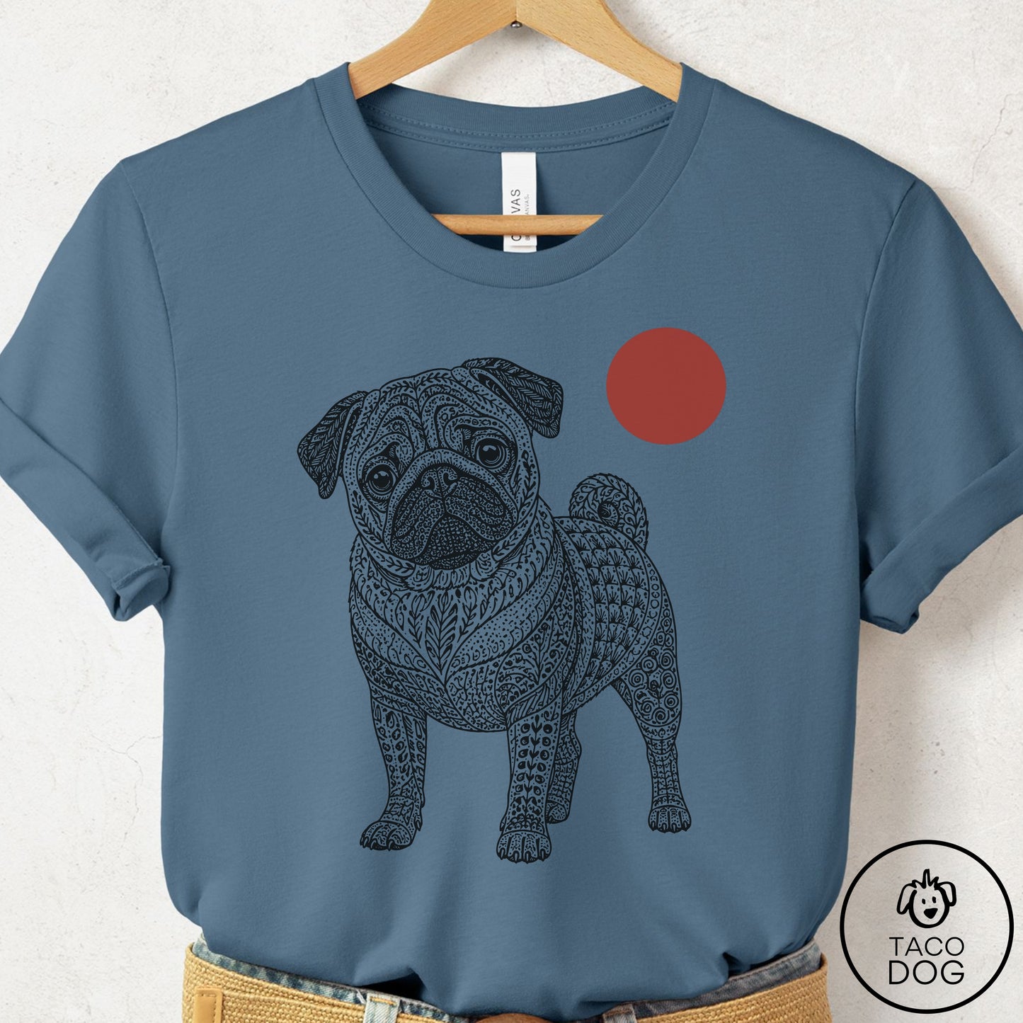 Pug Ornamental T-Shirt Steel Blue Taco-Dog