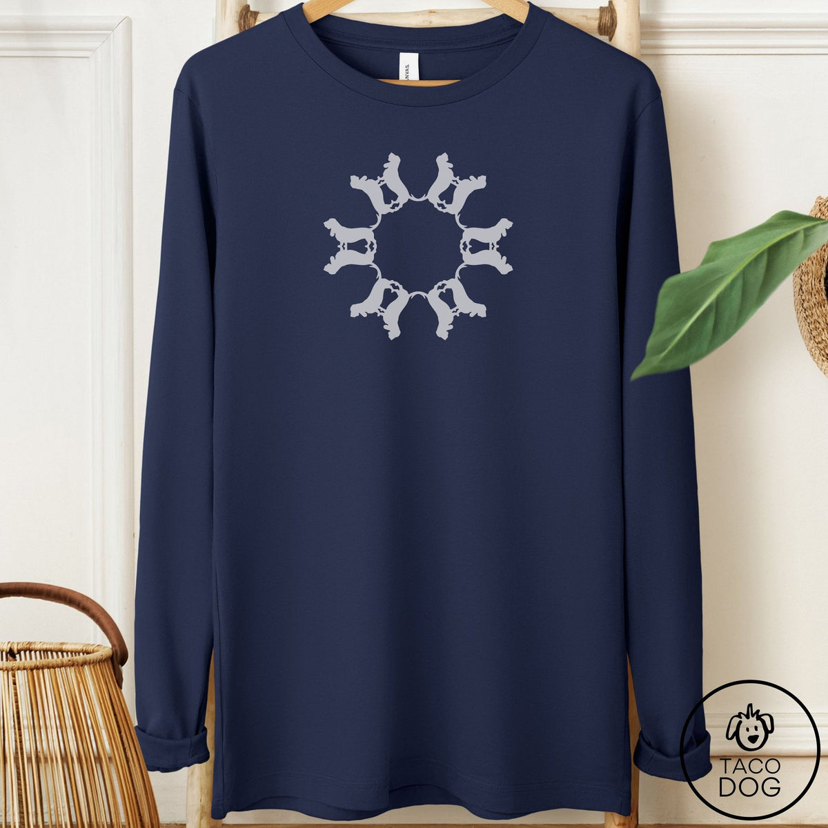 Basset Hound Paper Snowflake Long Sleeve Tee Navy Taco-Dog