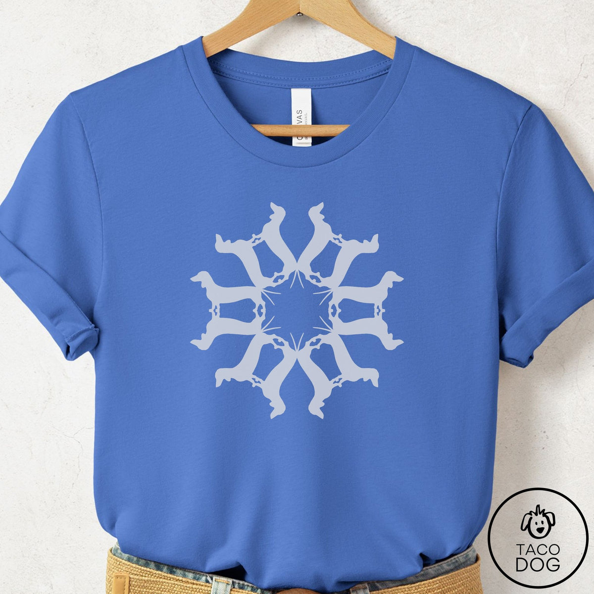 Dachshund Paper Snowflake T-Shirt Columbia Blue Taco-Dog