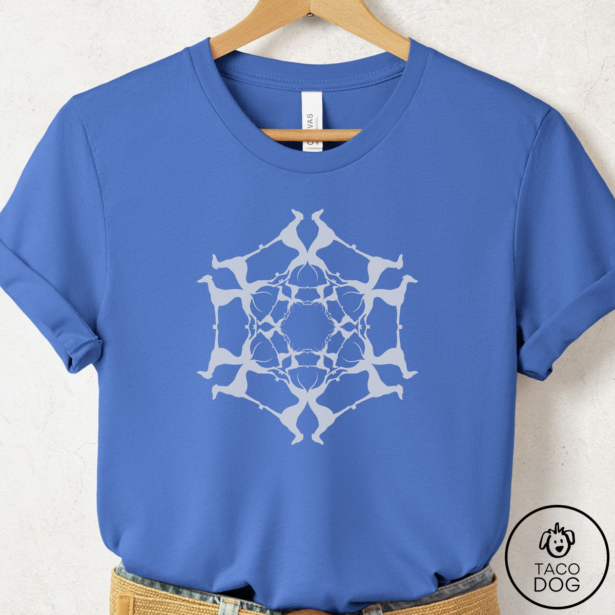 Italian Greyhound Whippet Paper Snowflake T-Shirt Columbia Blue Taco-Dog