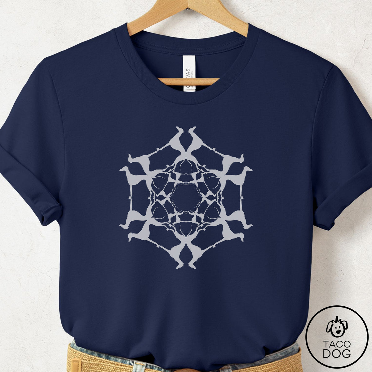 Italian Greyhound Whippet Paper Snowflake T-Shirt Navy Taco-Dog