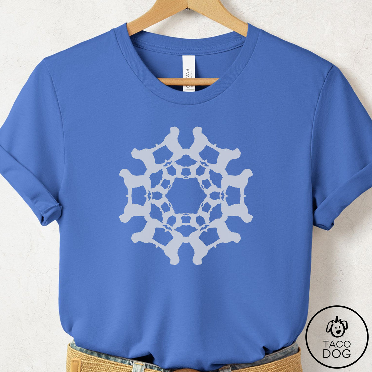 Pug Paper Snowflake T-Shirt Columbia Blue Taco-Dog