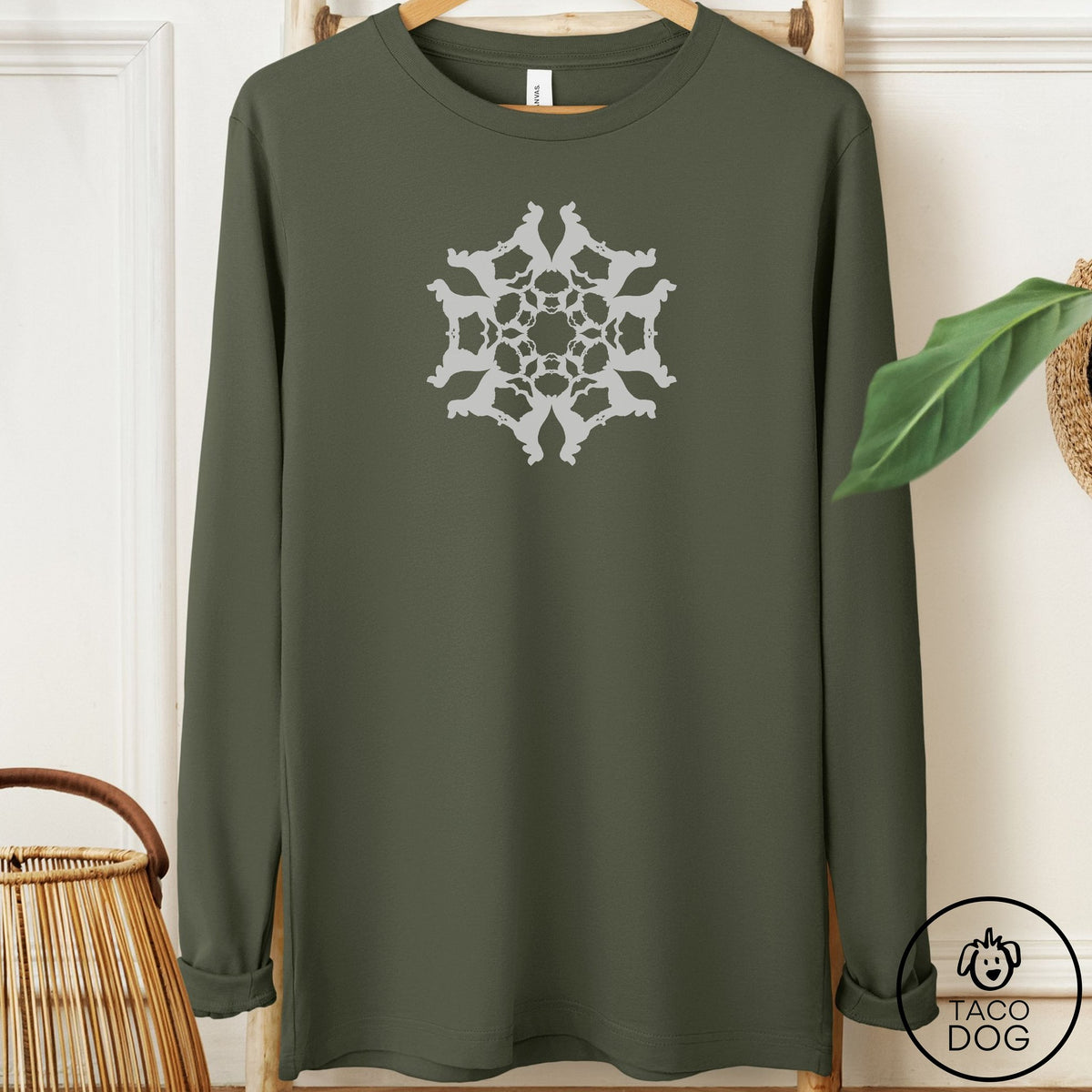 Springer Spaniel Paper Snowflake Long Sleeve Tee Military Green Taco-Dog