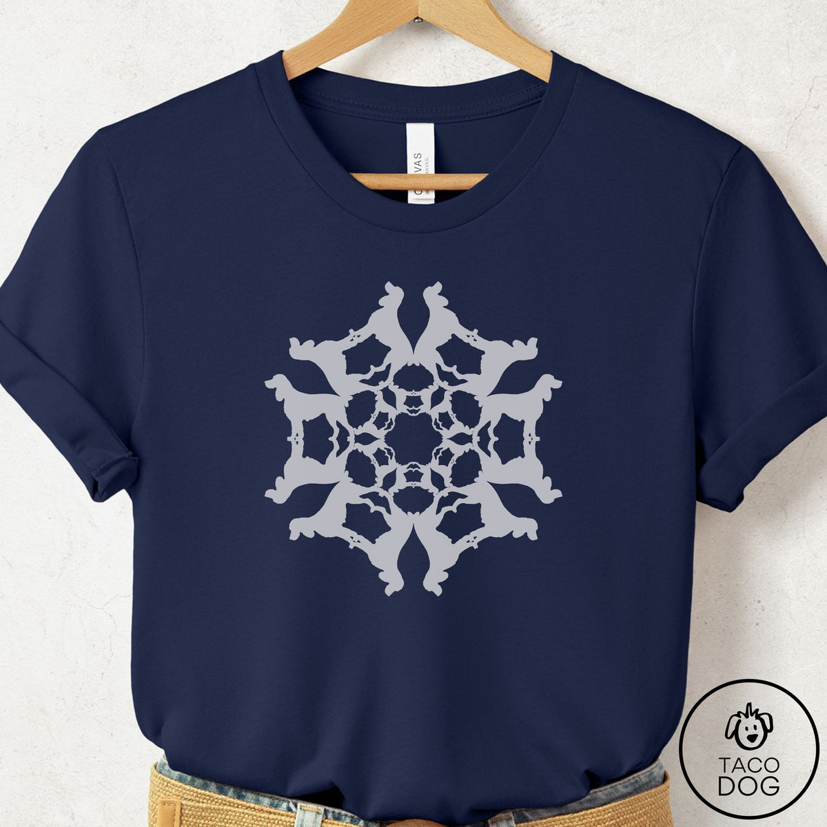 Springer Spaniel Paper Snowflake T-Shirt Navy Taco-Dog