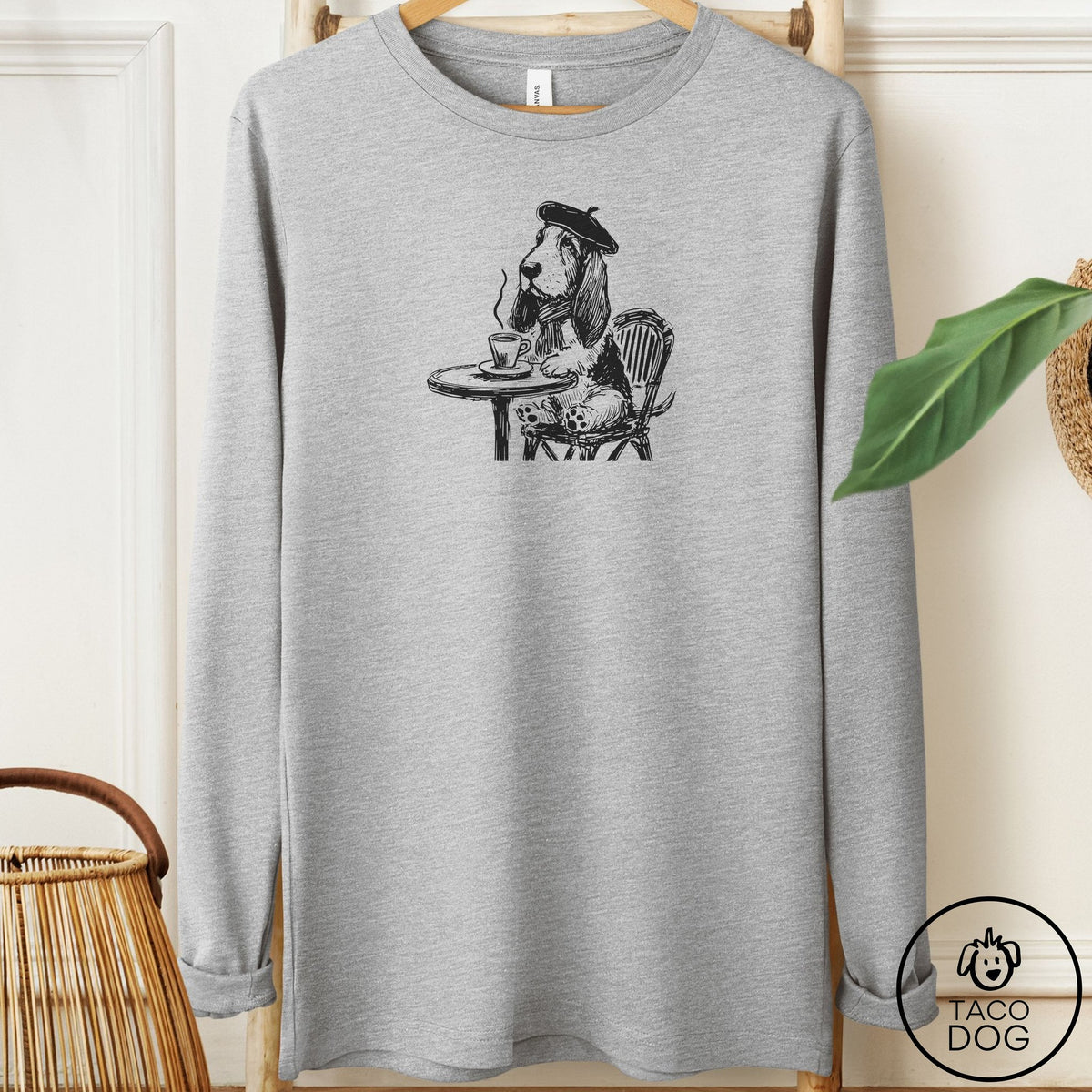 Basset Hound Paris Long Sleeve Tee Athletic Heather Taco-Dog