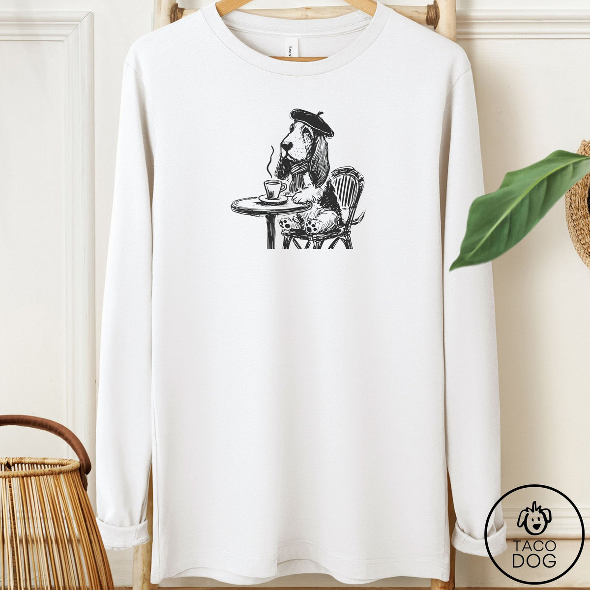 Basset Hound Paris Long Sleeve Tee White Taco-Dog