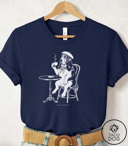 Basset Hound Paris Cafe Cyanotype Tee Navy Taco-Dog