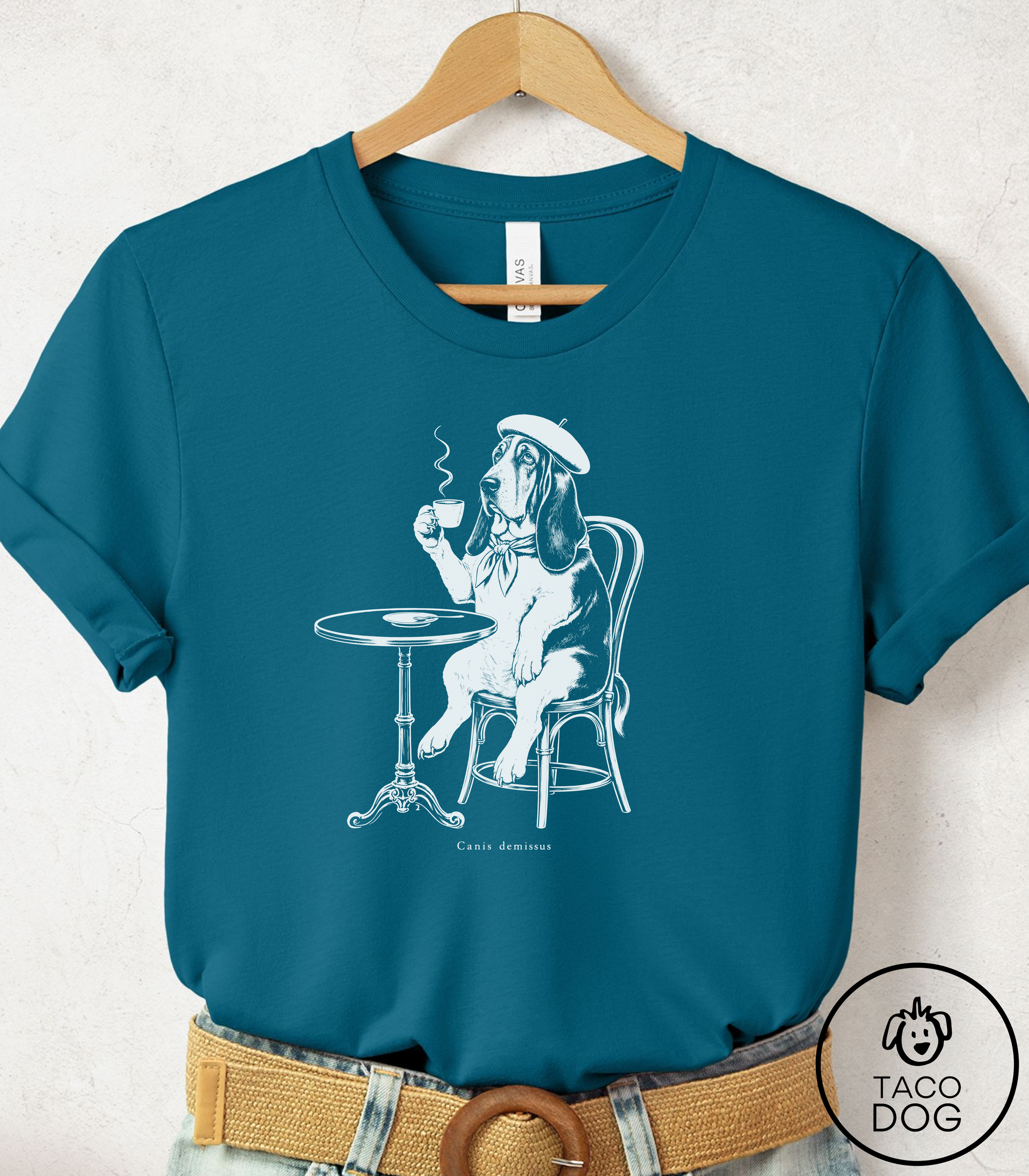 Basset Hound Paris Cafe Cyanotype Tee Deep Teal Taco-Dog