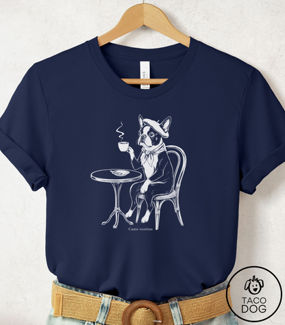 Boston Terrier Paris Cafe Cyanotype Tee Navy Taco-Dog