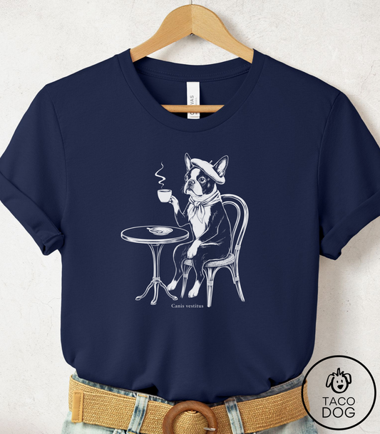 Boston Terrier Paris Cafe Cyanotype Tee Navy Taco-Dog