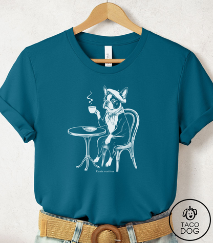 Boston Terrier Paris Cafe Cyanotype Tee Deep Teal Taco-Dog