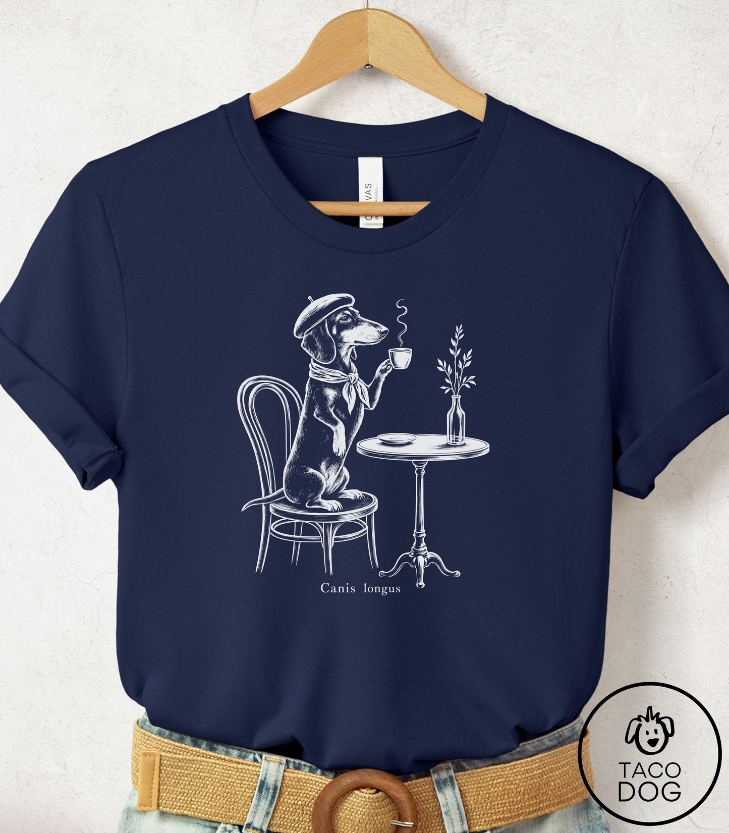 Dachshund Paris Cafe Cyanotype Tee Navy Taco-Dog