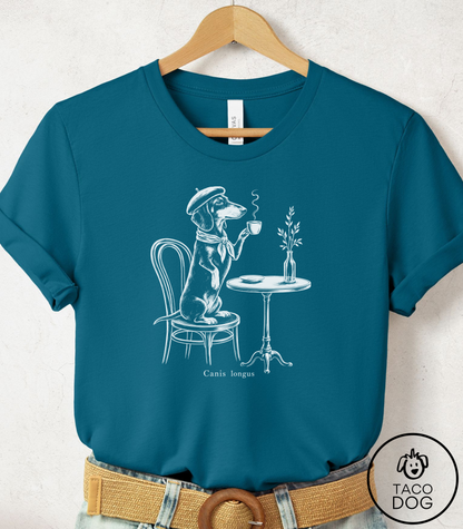 Dachshund Paris Cafe Cyanotype Tee Deep Teal Taco-Dog