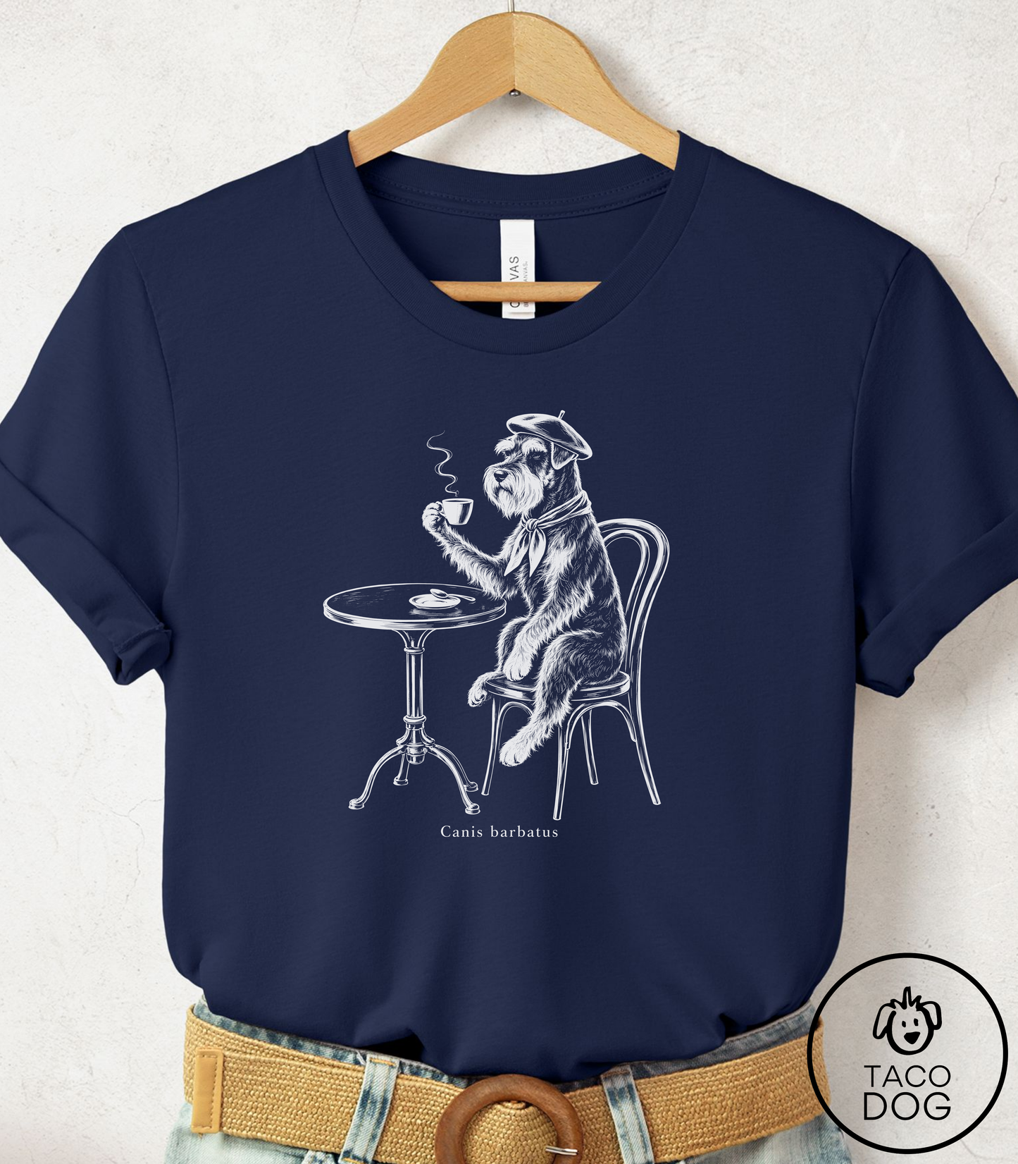 Schnauzer Paris Cafe Cyanotype Tee Navy Taco-Dog