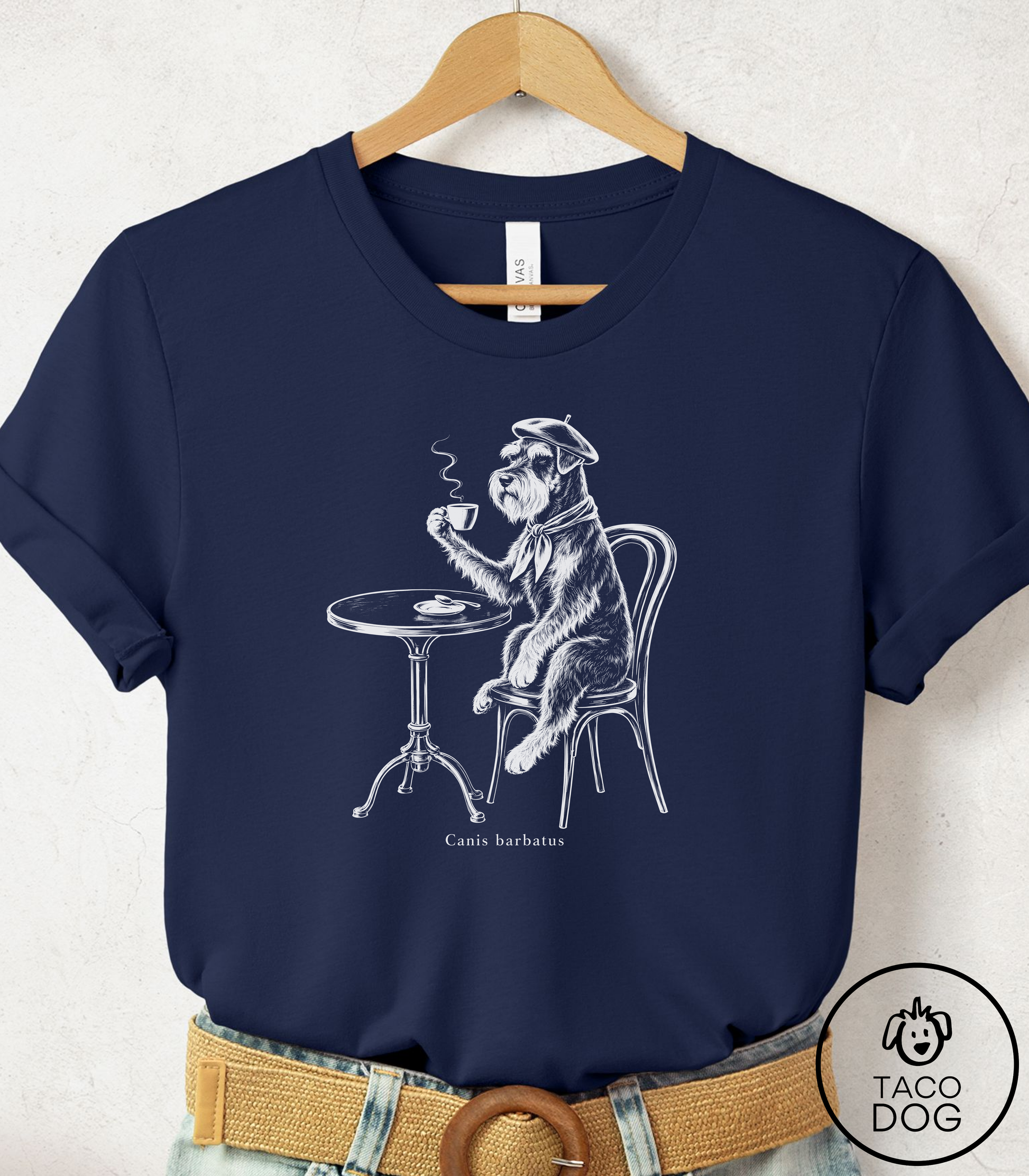 Schnauzer Paris Cafe Cyanotype Tee Navy Taco-Dog