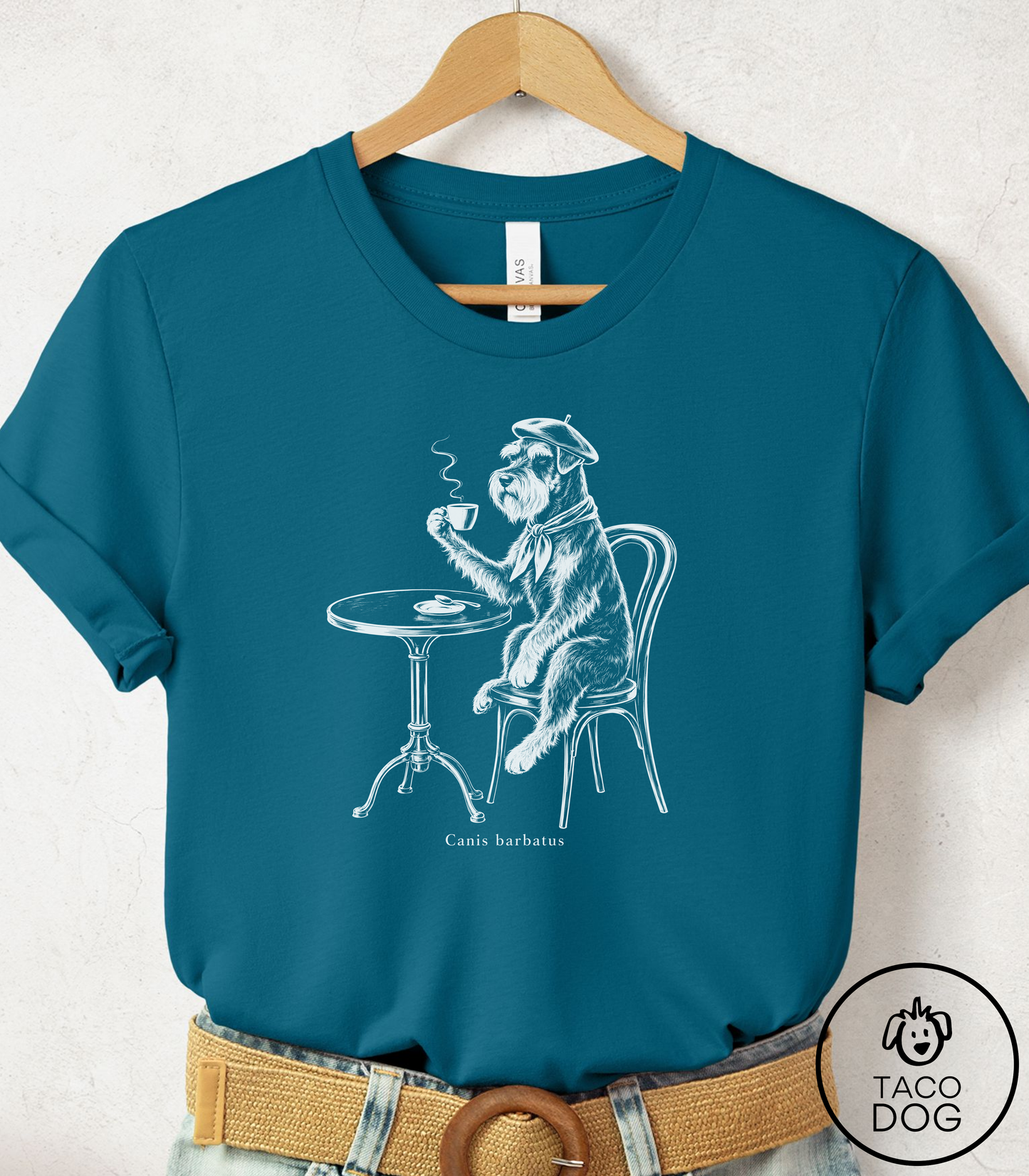 Schnauzer Paris Cafe Cyanotype Tee Deep Teal Taco-Dog