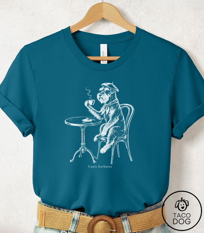Schnauzer Paris Cafe Cyanotype Tee Deep Teal Taco-Dog