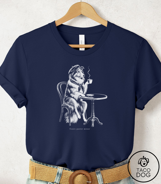 Shetland Sheepdog Paris Cafe Cyanotype Tee Navy Taco-Dog