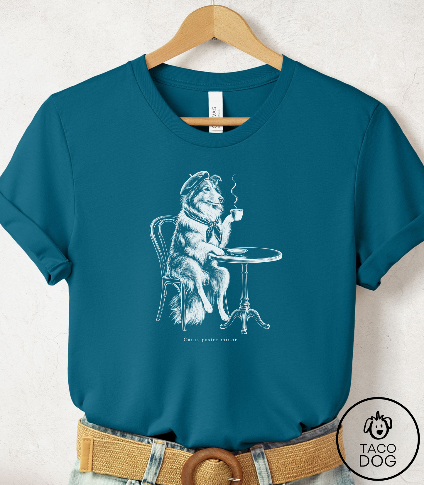 Shetland Sheepdog Paris Cafe Cyanotype Tee Deep Teal Taco-Dog