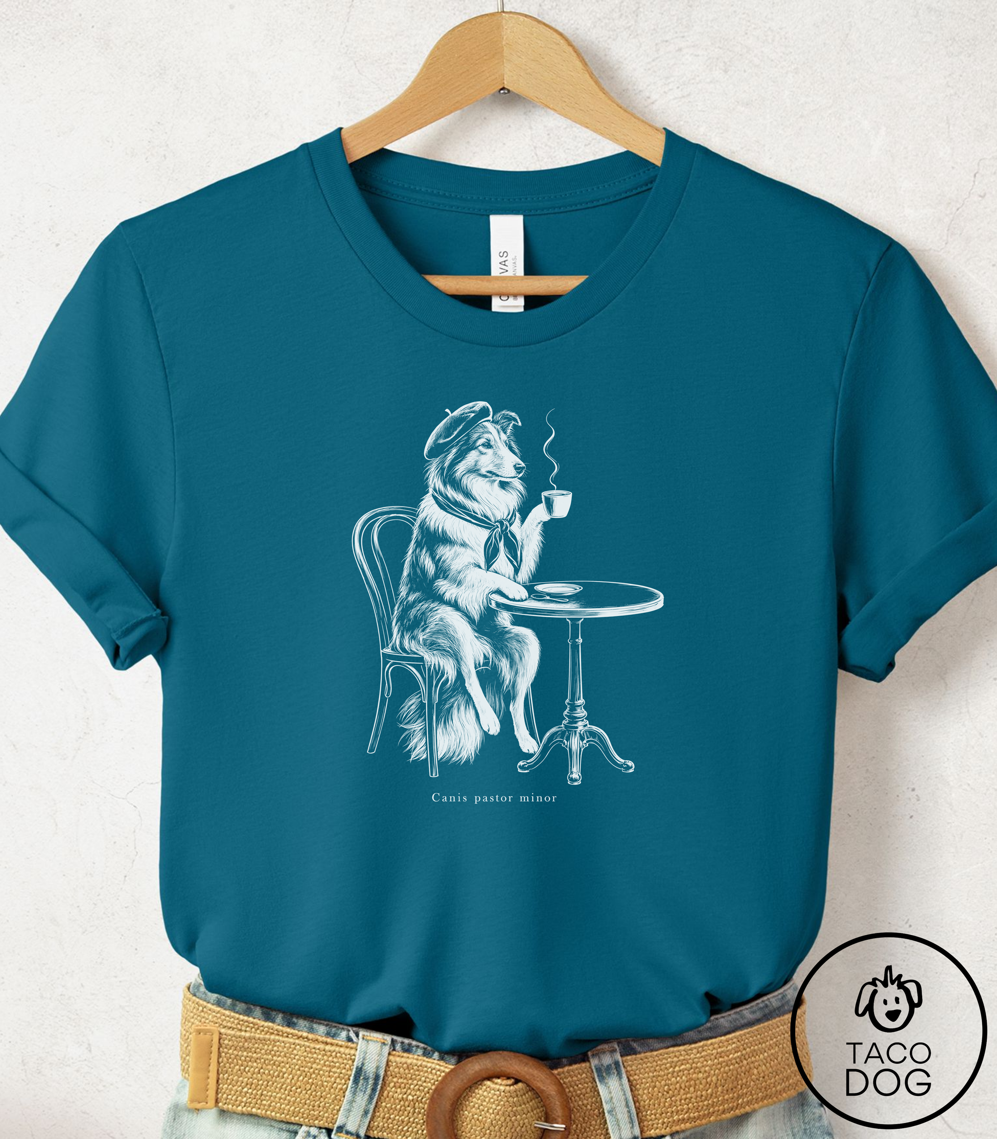 Shetland Sheepdog Paris Cafe Cyanotype Tee Deep Teal Taco-Dog