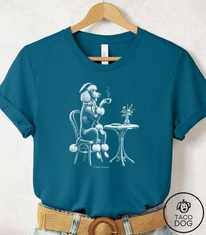 Poodle Paris Cafe Cyanotype Tee Deep Teal Taco-Dog