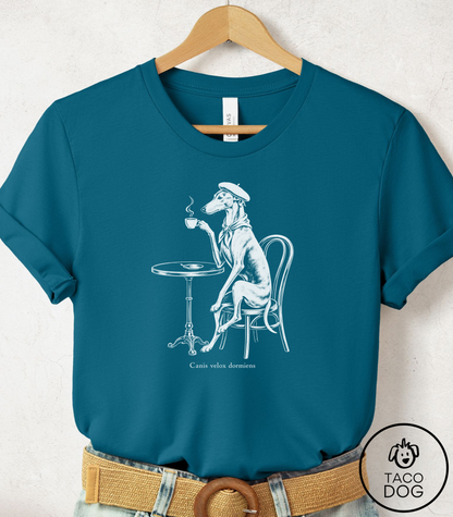 Whippet Paris Cafe Cyanotype Tee Deep Teal Taco-Dog