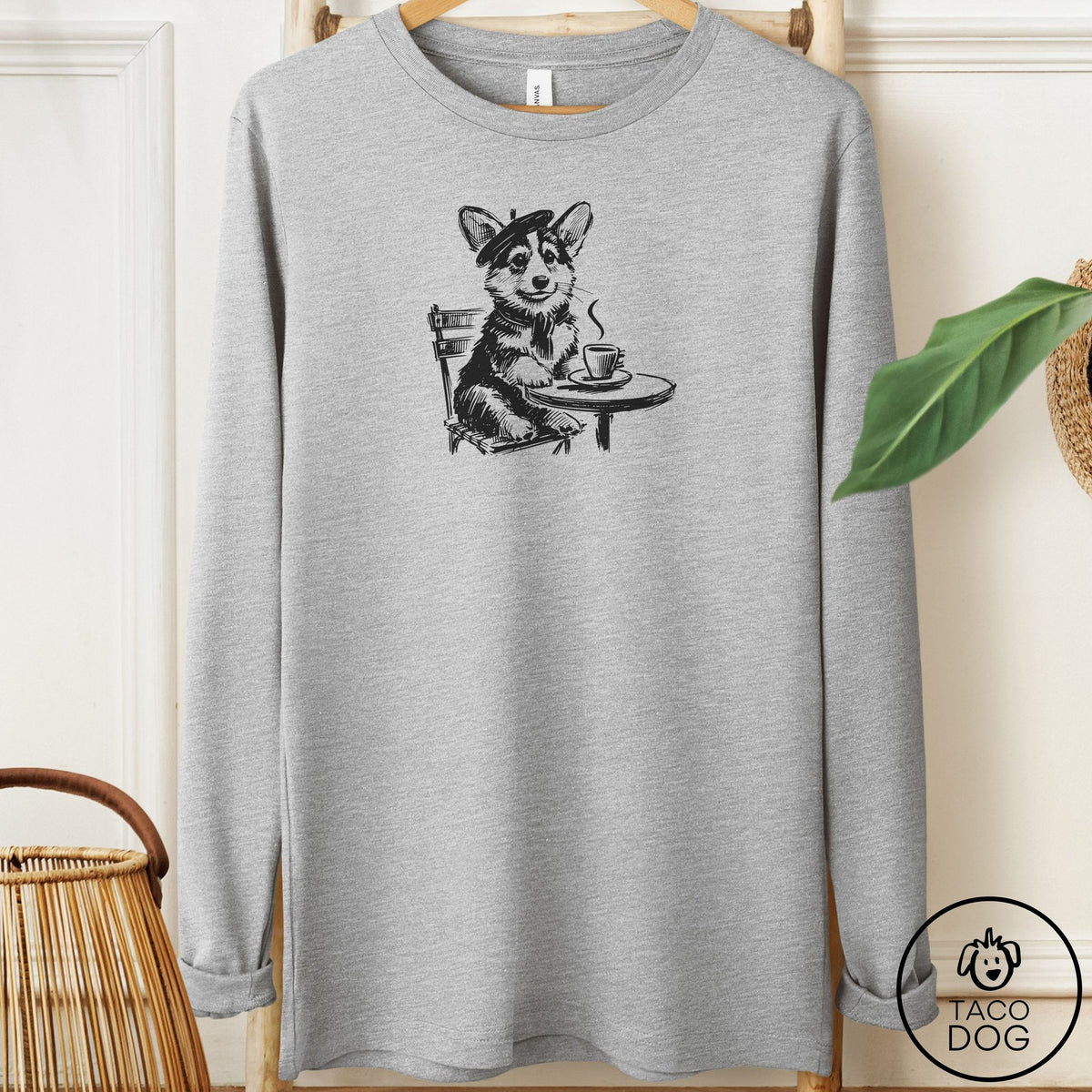 Corgi Paris Long Sleeve Tee Athletic Heather Taco-Dog