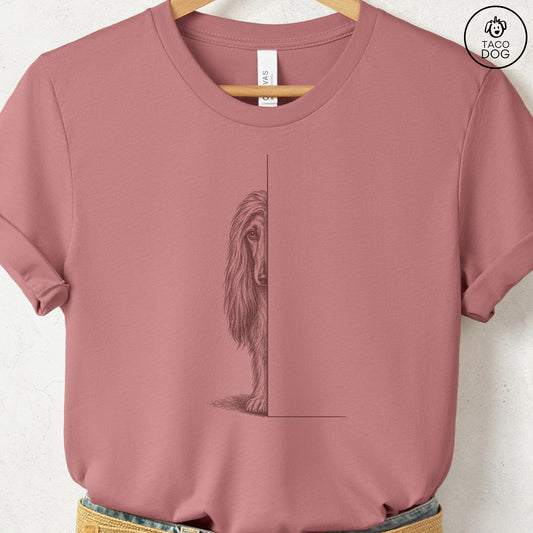 Afghan Hound Peeking T-Shirt Heather Mauve Taco-Dog