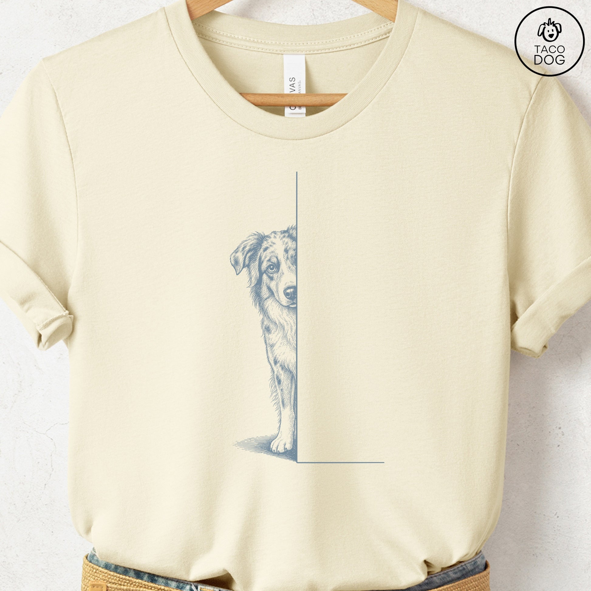 Australian Shepherd Peeking T-Shirt Natural Taco-Dog