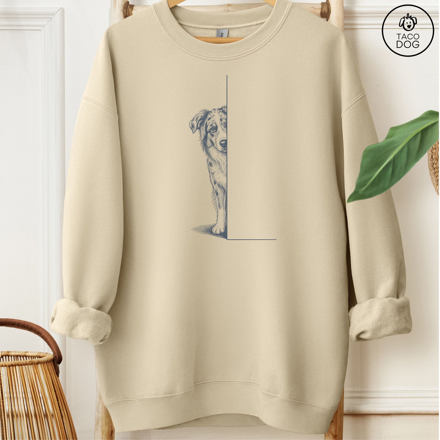 Australian Shepherd Peeking Sweatshirt Sand Taco-Dog