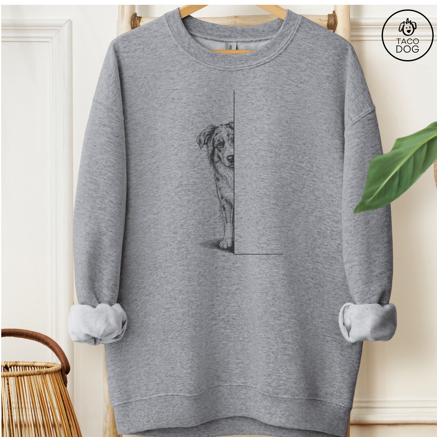 Australian Shepherd Peeking Sweatshirt Graphite Heather Taco-Dog