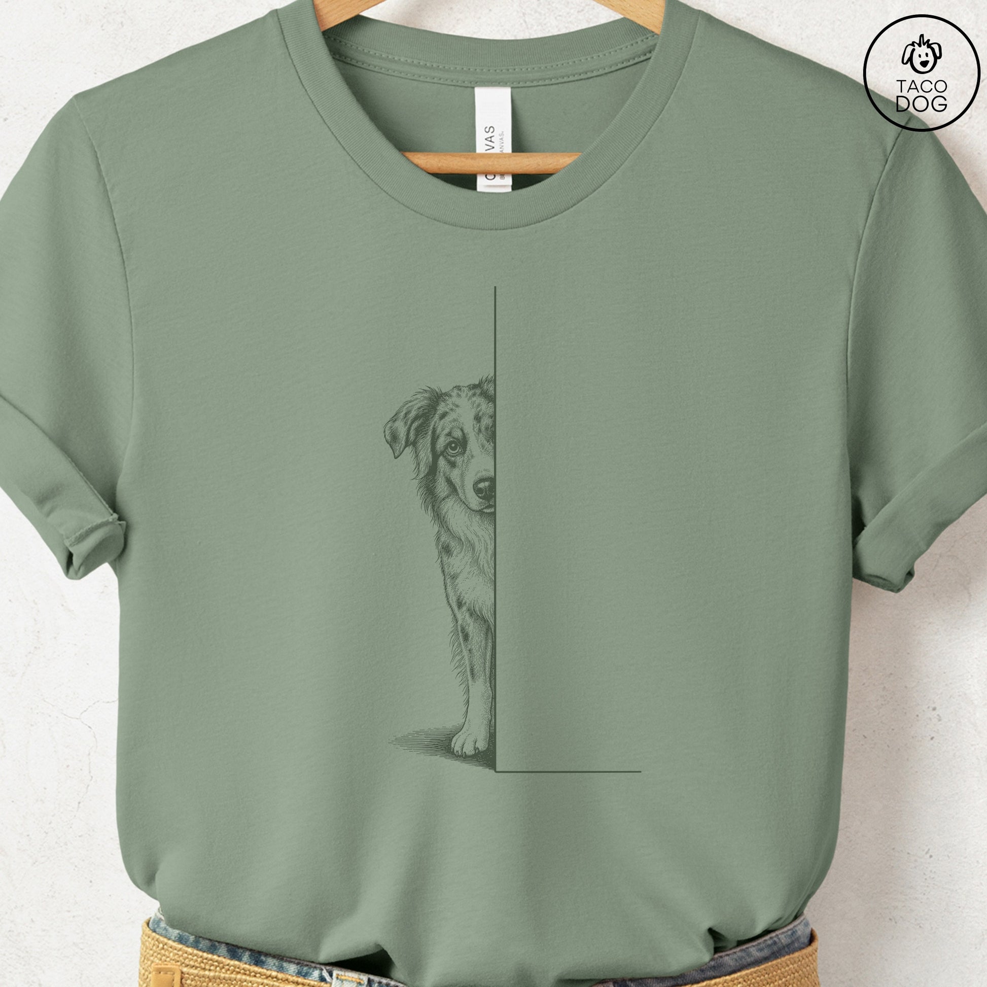 Australian Shepherd Peeking T-Shirt Sage Taco-Dog